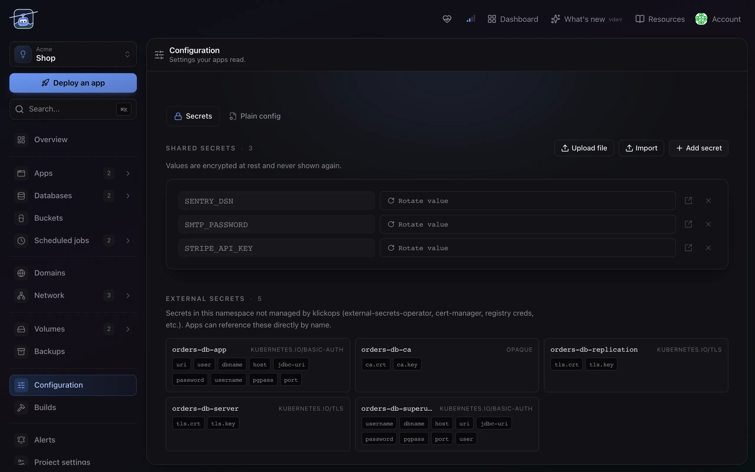 Die Seite Configuration eines Projekts, mit Key-Namen und verdeckten Werten.