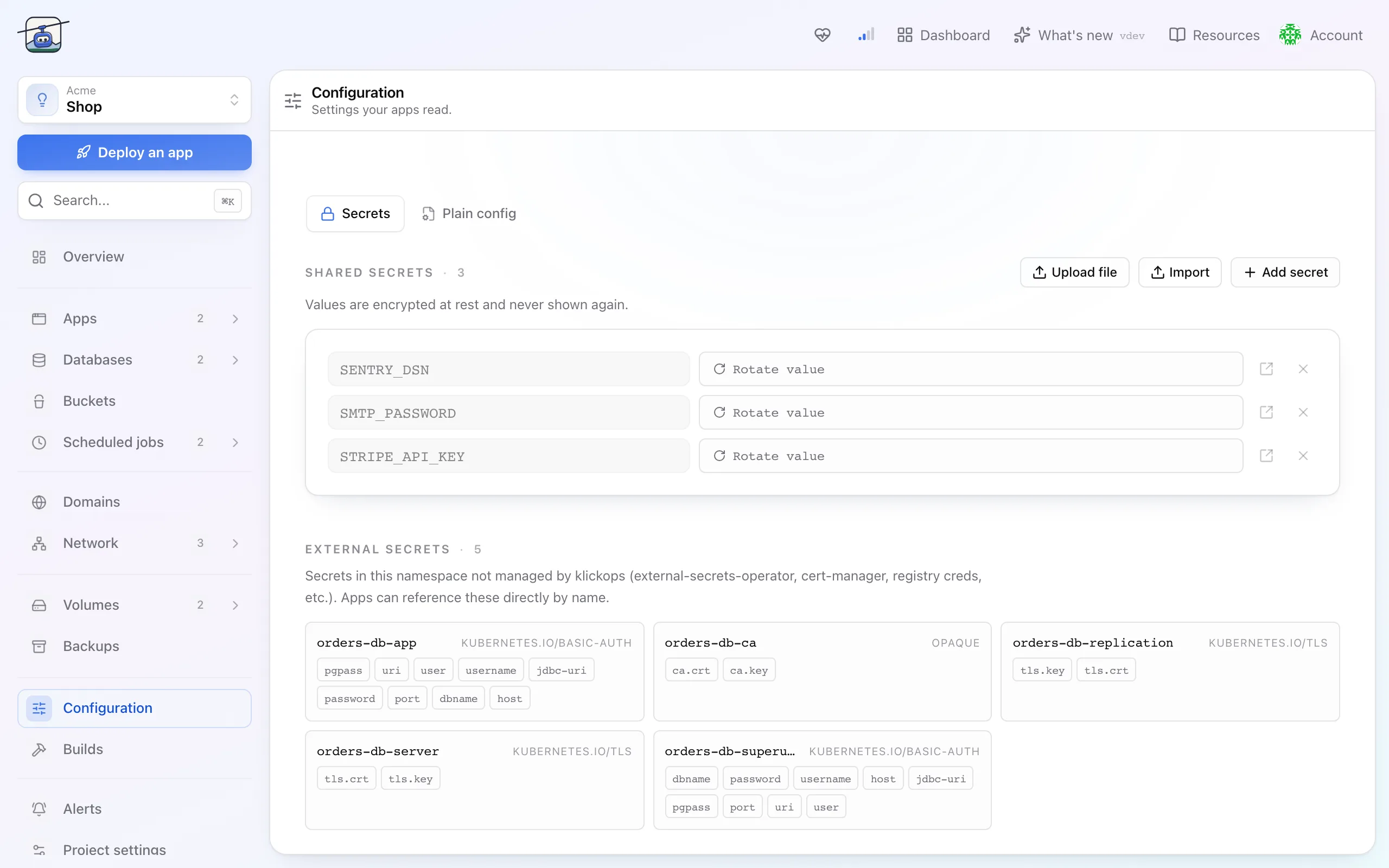 Die Seite Configuration eines Projekts, mit Key-Namen und verdeckten Werten.
